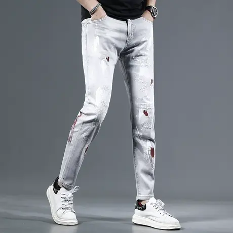 破洞牛仔裤男修身小脚夏季薄款2023新款美式高街印花潮牌男士裤子商品大图