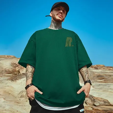 绿色高街潮牌宽松T恤简约短袖加肥加大码五分袖纯棉肥佬男装夏季商品大图