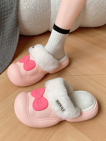 可爱蝴蝶结毛毛拖鞋女2023秋冬新款厚底百搭舒适室内居家包头拖鞋商品大图