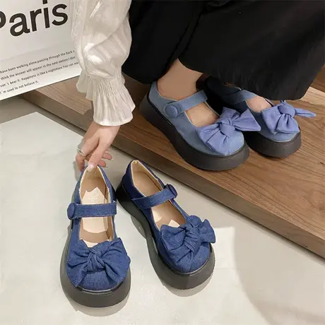 复古蓝色单鞋女款春秋2023新款浅口气质蝴蝶结防滑增高时尚乐福鞋商品大图