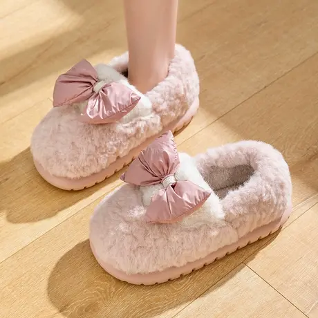 蝴蝶结毛绒棉拖鞋女秋冬季2023新款居家室内保暖包跟厚底防滑棉鞋商品大图