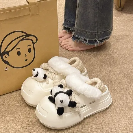 洞洞棉拖鞋女款冬季室内外穿可爱熊猫可拆卸加绒保暖厚底包跟棉鞋商品大图
