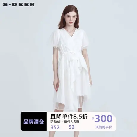 sdeer圣迪奥女装V领肌理网纱不规则短袖连衣裙S222Z124A图片