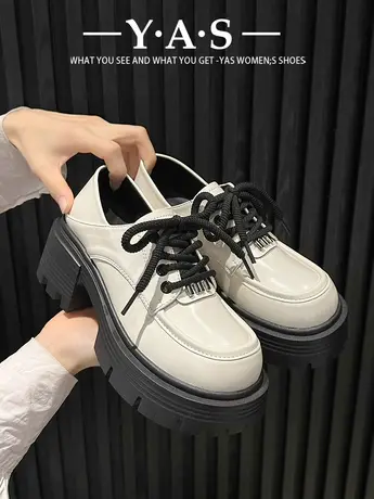 白色英伦风厚底小皮鞋软皮乐福鞋女2024春季新款复古圆头系带单鞋商品大图