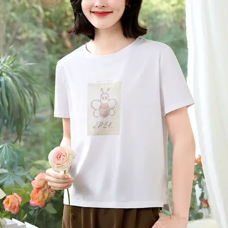 中年妈妈装夏款新品圆领短袖T恤衬衫重工艺刺绣大码宽松潮流女装图片