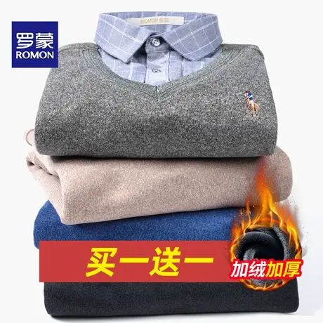 Romon/罗蒙冬季加绒加厚保暖衬衫男士假两件针织休闲宽松毛衣衬衣商品大图