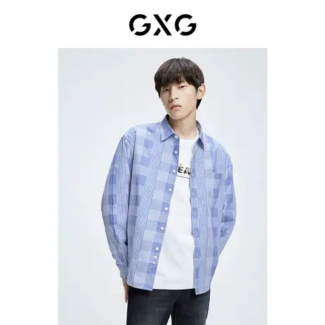 【新款】GXG男装 冬季男格纹潮搭翻领长袖衬衫GHC103004H图片