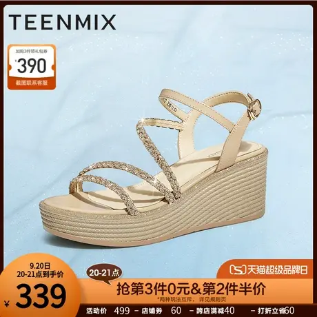 天美意闪钻细带坡跟厚底凉鞋女沙滩鞋时装凉鞋子2023夏新CVK12BL3商品大图