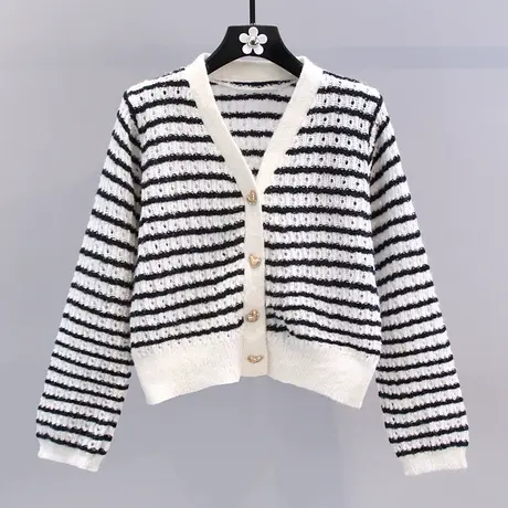 小香风条纹针织开衫女2023年早春新款设计感小众薄款长袖毛衣外套图片