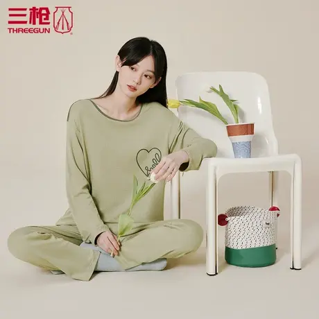 三枪睡衣女秋季长袖华夫格圆领女士家居服套装简约起居服冬82166图片