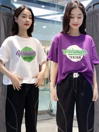 欧货字母印花圆领短袖T恤女2023夏新款设计感小众减龄半袖体恤ins商品大图