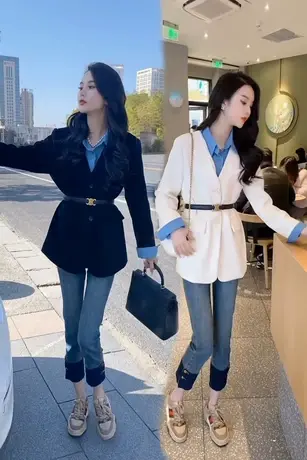 欧货洋气2023春秋新款设计感假两件灯芯绒小西装腰带西服上衣外套图片