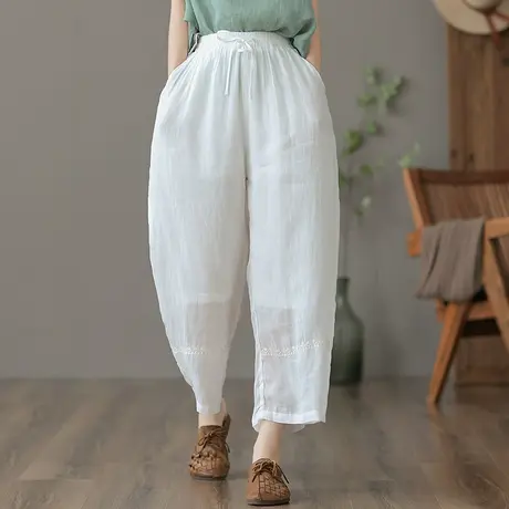 dza 高腰显瘦宽松阔腿裤白色亚麻裤子女夏薄款九分休闲抽绳棉麻裤图片