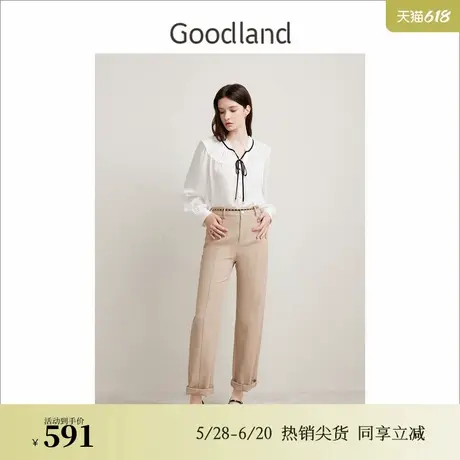 Goodland美地春季法式优雅卡其色弹力高腰修身锥形休闲裤商品大图