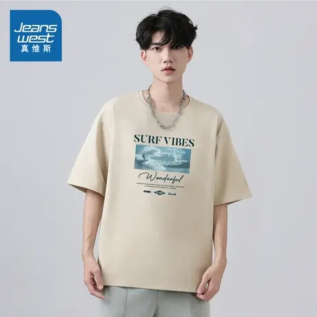 E8真维斯男装2025夏季新款男款美式复古印花时尚男士圆领短袖T恤图片