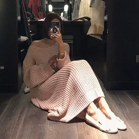 秋冬新款镂空过膝长款毛衣女韩版宽松大码慵懒风时尚套头毛针织衫图片