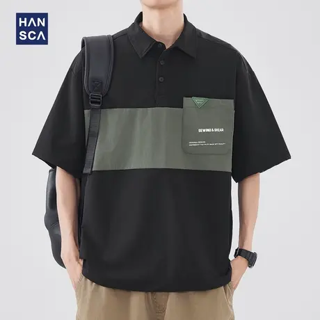 hansca冰丝透气翻领短袖POLO衫男夏季薄款日系拼接凉感休闲衬衣男商品大图