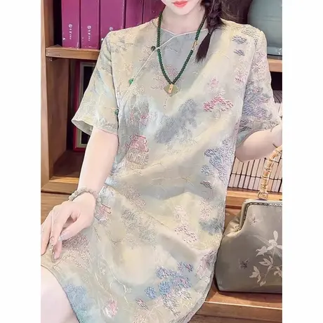 爵莱菲万针刺绣绡新中式旗袍国风短袖连衣裙女夏款大码胖mm图片