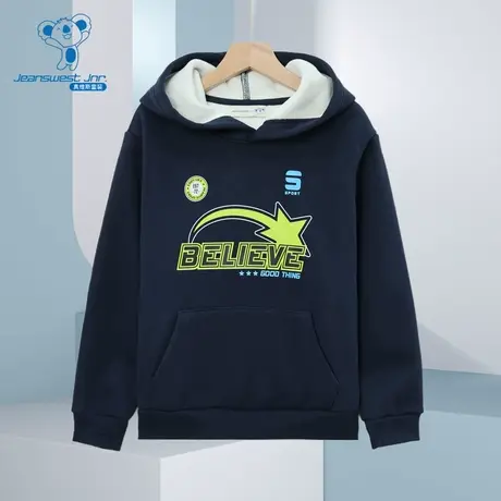 JJ真维斯童装2024冬季新款 男童创意印花袋鼠袋连帽长袖加绒卫衣商品大图