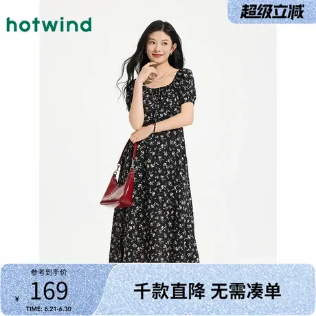 热风黑色碎花连衣裙2025年夏季新款女士印花连衣裙方式田园风长裙图片