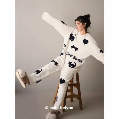 贝妍珊瑚绒睡衣女秋冬季保暖半边绒猫咪家居服时尚可外穿宽松套装商品大图