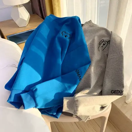 卫衣女加绒加厚2021秋冬新款韩版宽松卡通刺绣短款长袖休闲上衣潮商品大图