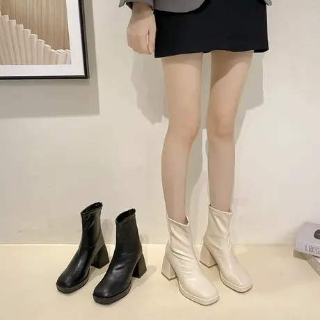 防水台高跟短靴女2023年秋冬新款小个子白色显瘦方头粗跟瘦瘦靴子图片