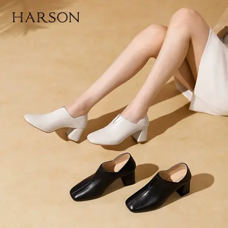 哈森复古小羊皮高跟鞋女2025秋季新款方头粗跟通勤靴子HL257155商品大图