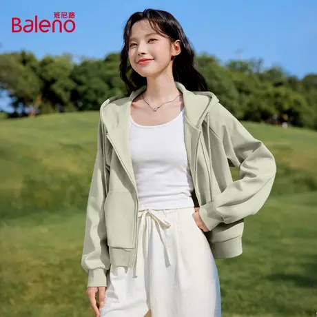班尼路灰绿色牛奶丝插肩袖短开衫女2025春秋季休闲运动连帽上衣Q图片