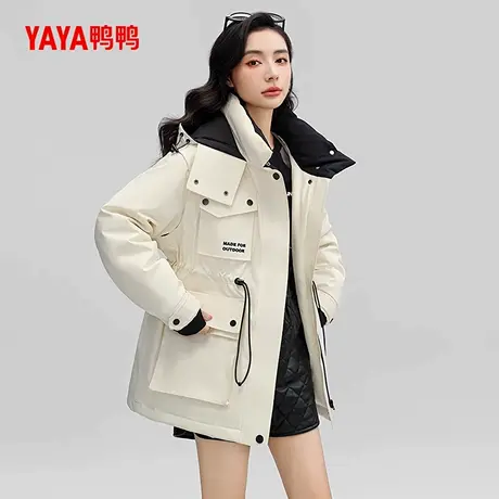 鸭鸭羽绒服女2024年冬季新品中长款连帽收腰时尚保暖工装外套C商品大图