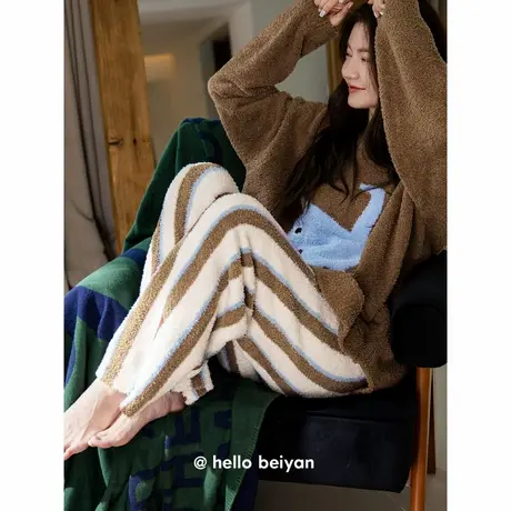 贝妍睡衣女款秋冬半边绒套装可爱猫咪珊瑚绒加厚保暖家居服可外穿商品大图