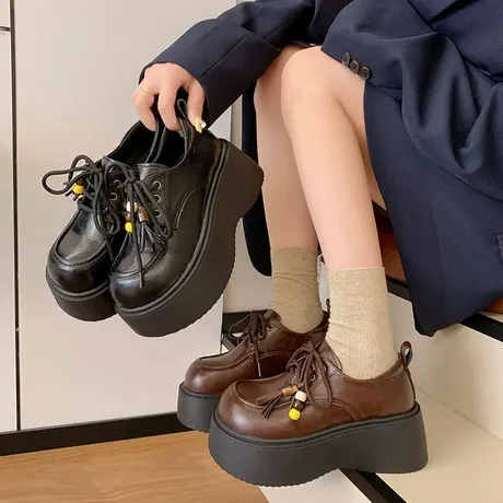 厚底增高小皮鞋女2025年新款秋季英伦风系带乐福鞋百搭小个子单鞋商品大图