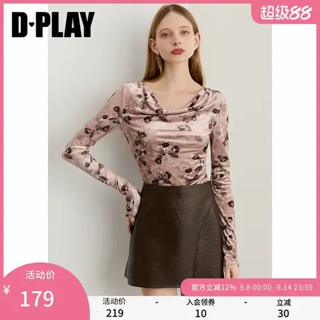 DPLAY2025年秋季新款粉色t恤女洋气荡领长袖印花上衣修身打底衫商品大图