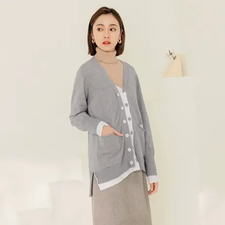 桔熊秋冬季不对称设计感温暖包芯纱撞色针织衫外套女装大码FA2596图片