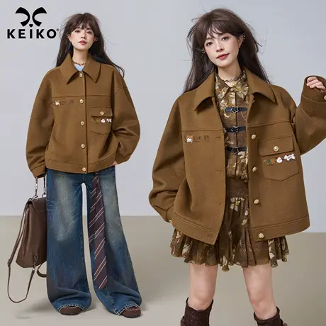KEIKO 巴恩风复古咖色毛呢短外套女2025秋季廓形宽松休闲谷仓夹克商品大图