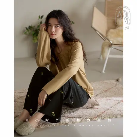 妮狄娅睡衣女秋季柔软棉复古喇叭袖时尚优雅春秋可外穿家居服套装商品大图
