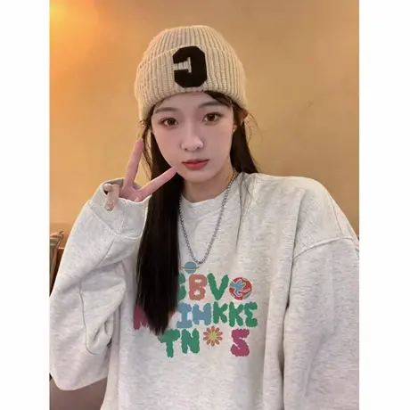 韩系氛围感穿搭灰色卫衣女秋季重磅加绒加厚小个子超好看套头上衣商品大图