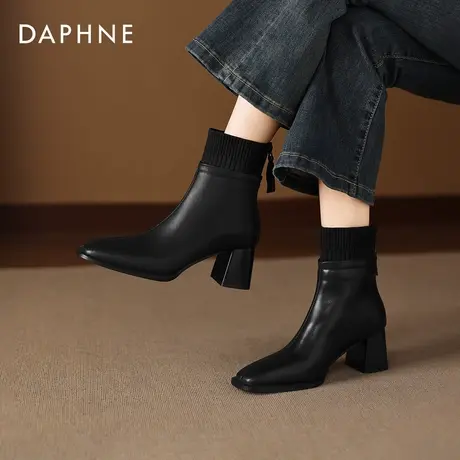 达芙妮粗跟短靴女2025秋冬新款方头黑色瘦瘦靴高跟法式骑士马丁靴图片