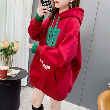 加绒加厚红色连帽卫衣女中长款2022新款秋冬宽松慵懒风设计感外套商品大图