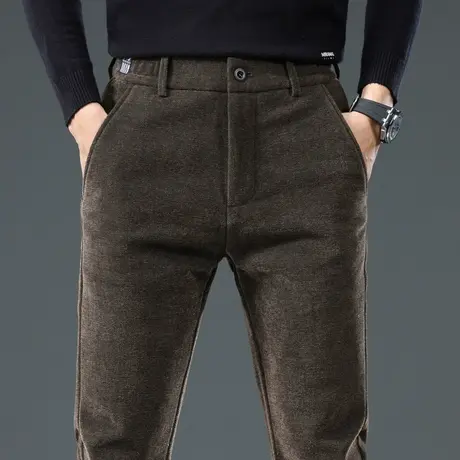 秋冬款加绒加厚修身直筒休闲裤子冬季防风保暖带绒弹力正装西裤男图片