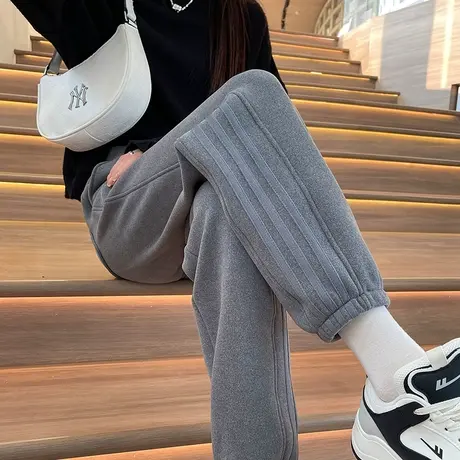 加绒束脚运动裤女秋冬季新款高腰宽松显瘦休闲加厚小个子灯笼卫裤图片