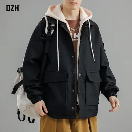 男士假两件上衣痞帅外套男潮高级感2023新款秋季男装连帽美式夹克商品大图