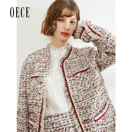 Oece秋冬新款女装复古小香风撞色流苏气质毛呢外套商品大图