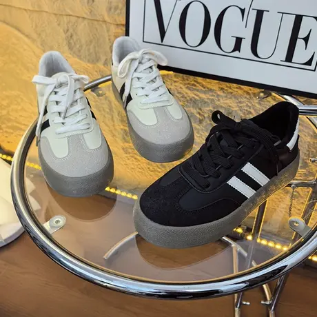 皮面厚底德训鞋女2023秋冬新款复古百搭阿甘鞋加绒休闲运动板鞋子图片