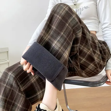 加绒毛呢格子裤女秋冬2023新款小个子高腰加厚保暖休闲直筒阔腿裤商品大图