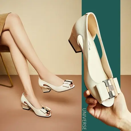 清仓夏季真皮凉鞋女士浅口鱼嘴水钻中高跟时尚粗跟凉鞋女款商品大图