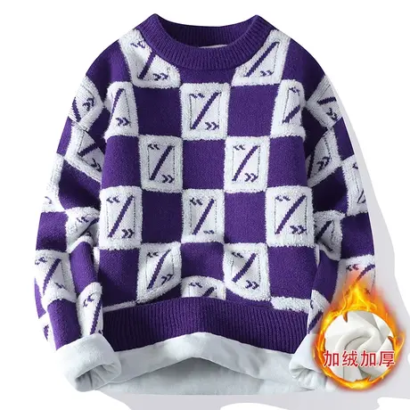 加绒格子毛衣男秋冬季加厚男士针织打底衫保暖时尚潮流线衣TFBOYS商品大图