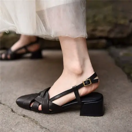 Artmu阿木文艺镂空包头凉鞋2023年新款女一字扣后空编织鞋粗中跟图片