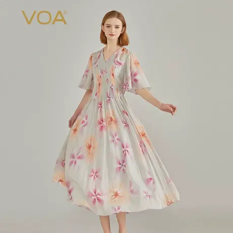 VOA真丝印花乔其塔克褶V领飞飞袖活页设计里衬弹力乔其清新甜美裙图片