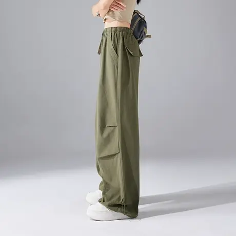 军绿色美式工装裤女秋季新款2023新款高腰阔腿宽松休闲束脚运动裤商品大图